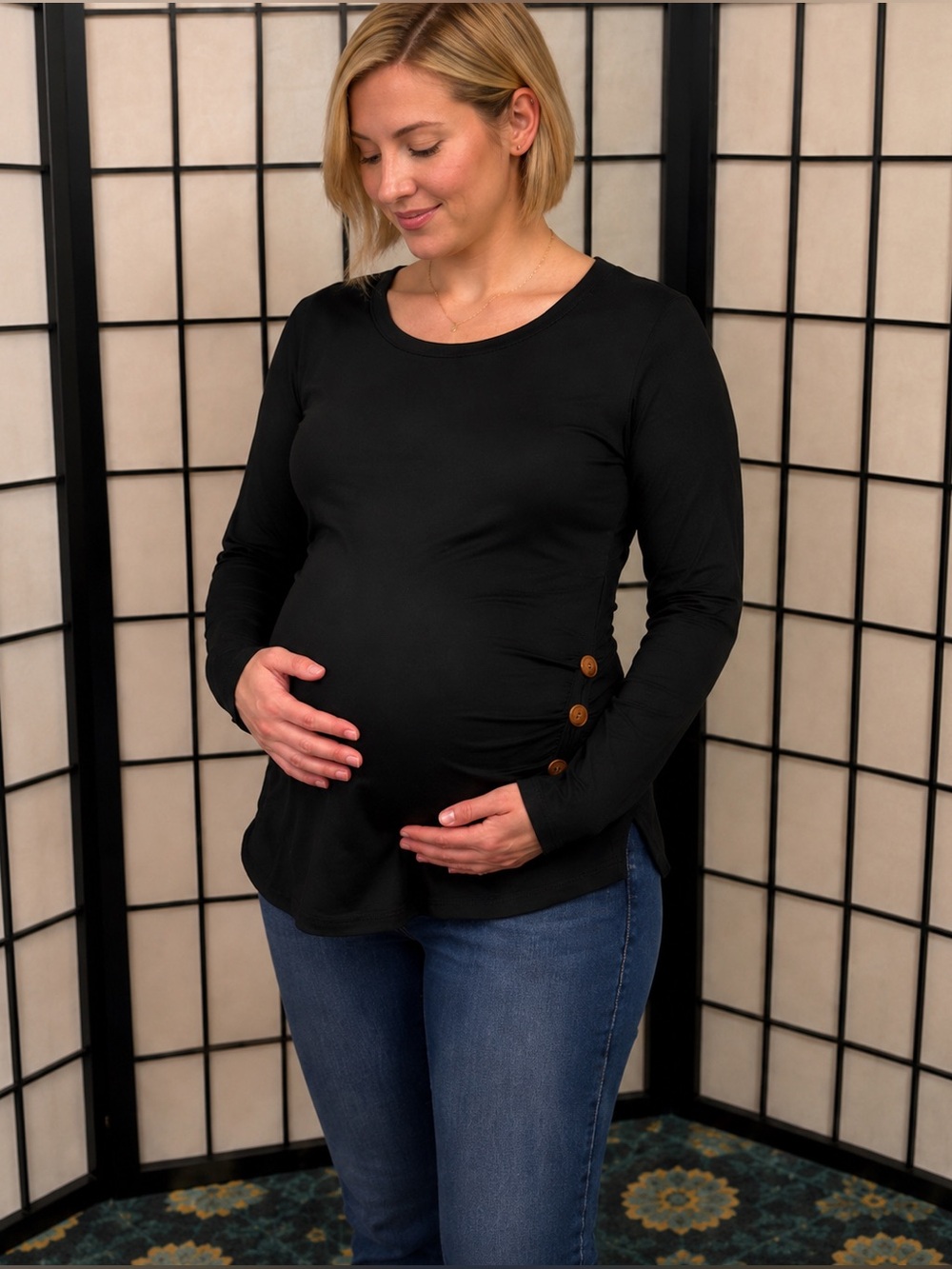 NWT Coolmee Black Maternity Ruched Long Sleeve Top Button Detail Size Medium